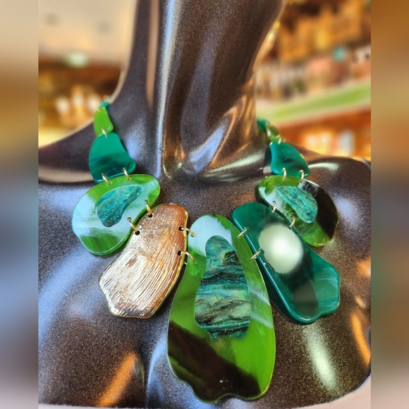 Green, Blue and Goldtone Statement Necklace with Earrings Set - Picture 5 of 16